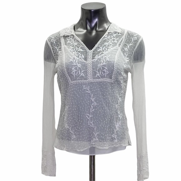 Eci New York Sheer White Floral Lined L/S Blouse - Picture 1 of 12